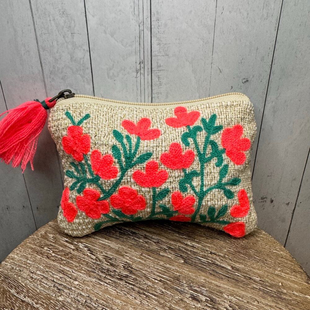 Pink Coral Flower Embroidered Makeup Bag Coin Pouch 6 x 4 NEW FAST SHIP